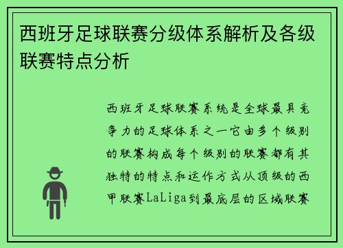 西班牙足球联赛分级体系解析及各级联赛特点分析