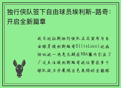 独行侠队签下自由球员埃利斯-路奇：开启全新篇章