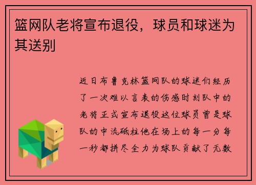 篮网队老将宣布退役，球员和球迷为其送别